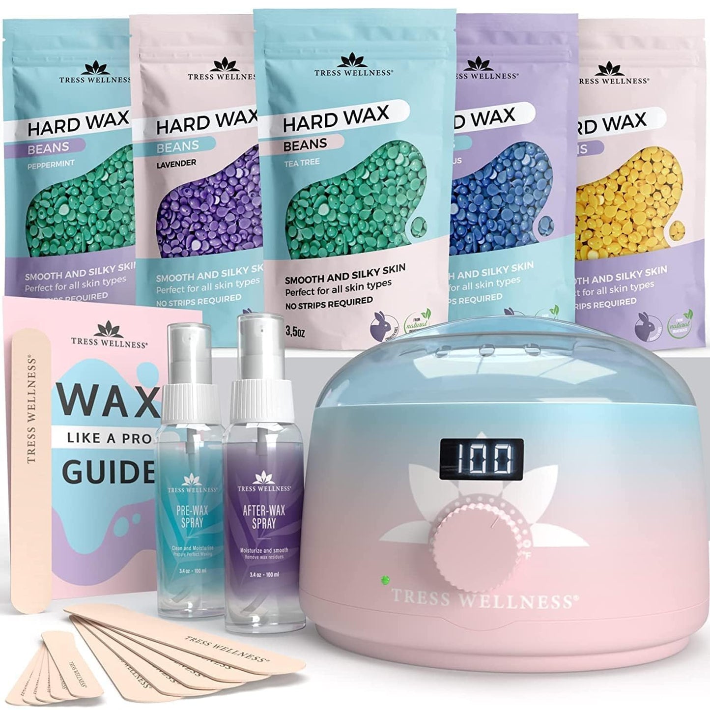 12 Month Warranty : 3 Tress Wellness Waxing Kit for Brazilian Wax - Pink to Teal