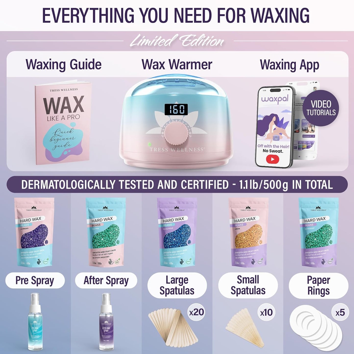 12 Month Warranty : 3 Tress Wellness Waxing Kit for Brazilian Wax - Pink to Teal