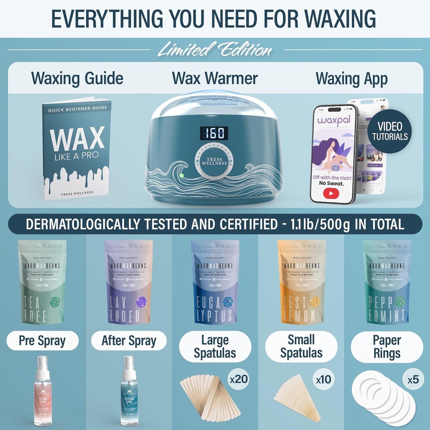 12 Month Warranty : Tress Wellness Waxing Kit for Brazilian Wax - Blue Water